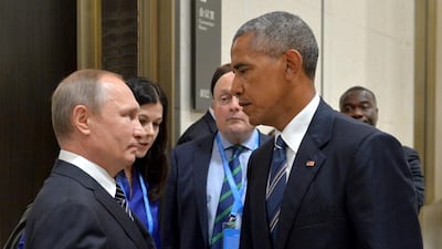 Russian president Vladimir Putin meets US president Barack Obama on the sidelines of the G20 Leaders Summit in Hangzhou on September 5, 2016. Alexei Druzhinin / Sputnik / AFP Photo