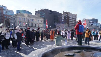 Benita Pedersen addresses the crowd outside of the Canadian Parliament building during an anti-vaccine protest. Willy Lowry / The National
