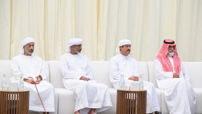 Left to right: Sheikh Nahyan bin Hamdan bin Mohamed, Rear Admiral Pilot Sheikh Saeed bin Hamdan bin Mohamed, Commander of the UAE Naval Forces, Sheikh Sultan bin Hamdan bin Mohamed, Adviser to the UAE President, and Sheikh Khalifa bin Hamdan bin Mohamed, receive mourners