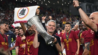 Roma coach Jose Mourinho after his team won the Europa Conference League final against Feyenoord on May 25, 2022. AFP