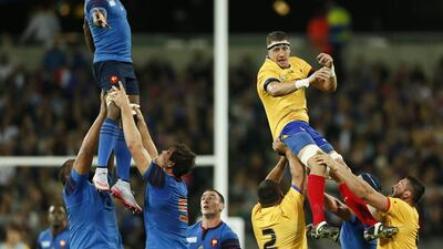 France's Fulgence Ouedraogo takes the lineout during their 38-11 victory over Romania on Wednesday at the Rugby World Cup. Stefan Wermuth / Reuters