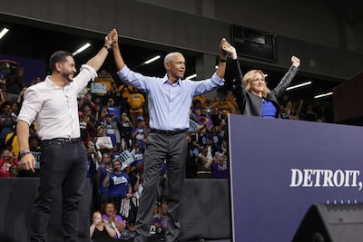 Former President Barack Obama joins Democratic candidates Jocelyn Benson and Abdul El-Sayed at a rally on October 24 in Detroit, Michigan. Getty Images via AFP
