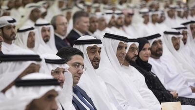 Sheikh Mohammed bin Zayed, Crown Prince of Abu Dhabi and Deputy Supreme Commander of the Armed Forces, attends a lecture by Dr Mohammed Al Falahi, Secretary General of Emirates Red Crescent, at the Crown Prince’s Majlis. Also there were Sheikh Nahyan bin Zayed, Chairman of the Board of Trustees of the Zayed bin Sultan Al Nahyan Charitable and Humanitarian Foundation, Sheikh Saud bin Saqr Al Qasimi, Ruler of Ras Al Khaimah, Sheikh Hamdan bin Zayed, Ruler’s Representative in the Western Region of Abu Dhabi, Dr Yousef bin Ahmad, Secretary General of the Organisation of Islamic Cooperation (2nd left), Nasser Bourita, Minister of Foreign Affairs and International Cooperation of Morocco (3rd L), and Dr Amal Al Qubaisi, Speaker of the Federal National Council. Ryan Carter / Crown Prince Court – Abu Dhabi