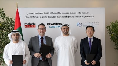 Sheikh Theyab bin Mohamed bin Zayed, member of Abu Dhabi Executive Council, with Nassar Al Mubarak, representing Reaching the Last Mile, Martin Edlund, chief executive of Malaria No More, and Professor Eric Xing, president of MBZUAI at the signing ceremony in Abu Dhabi.