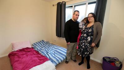 John McCann with his pregnant wife Tamsin and their daughter Orlaith, 3, who have been sleeping on a mattress on the floor at their home in Ramsgate, England, as their belongings have been held at port since June, when the family moved back from the UAE. Stephen Lock for The National