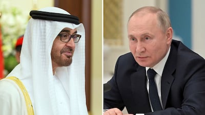 President Sheikh Mohamed and Russian President Vladimir Putin discussed developments in the Middle East. Photo: AFP
