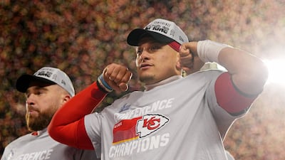Kansas City Chiefs quarterback Patrick Mahomes celebrates after winning the AFC Championship game against the Cincinnati Bengals at GEHA Field at Arrowhead Stadium. Reuters