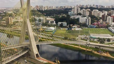 24 Apr 2012, SÑo Paulo, Brazil --- Brazil, SÑo Paulo, SÑo Paulo . Morumbi district, the Puente (bridge) Octavio Frias de Oliveira, the Pinheiros river and the town from Hilton Hotel --- Image by © Atlantide Phototravel/Corbis