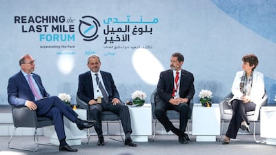 Progress and Challenges in Reaching the Last Mile. (L-R) Dr Peter Piot, Director of London School of Hygiene & Tropical Medicine; Dr Ferozudin Feroz, Minister of Health Afghanistan; Frank Richards, Director, River Blindness Elimination, Program, Lymphatic Filariasis Elimination Program, and Schistosomiasis Control Program, Carter Center; and Dr Rana Hajjeh, Director of Program Management for the Eastern Mediterranean, WHO. Victor Besa / The National