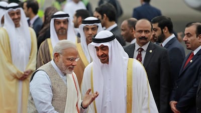 Narendra Modi and Sheikh Mohamed bin Zayed meet in New Delhi in January 2017. The UAE is India's third largest trading partner and more than three million Indians live in the Emirates, according to estimates. Manish Swarup / AP