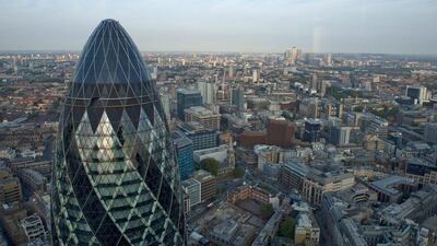 The Gherkin and surrounding buildings of London's financial centre are seen from the top of the new Leadenhall Building. Will Oliver / EPA