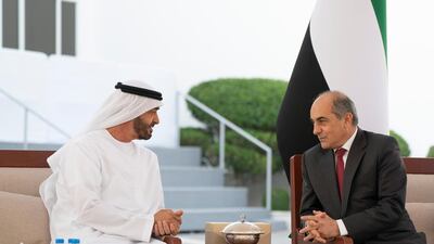 Sheikh Mohamed bin Zayed, Crown Prince of Abu Dhabi and Deputy Supreme Commander of the Armed Forces (L), receives Demetris Syllouris, President of the Cypriot Parliament (R), during a Sea Palace barza. Ryan Carter for the Ministry of Presidential Affairs