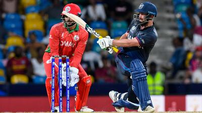 Namibia's Jan Frylinck hits a four during the T20 World Cup match against Oman. AFP