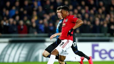 Manchester United's Anthony Martial scores in the Europa League on Thursday. Reuters