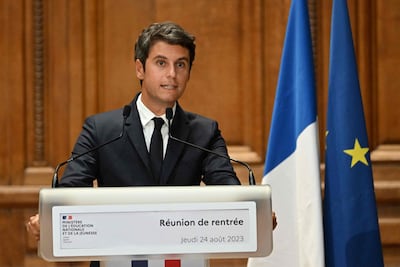 France's Education and Youth Minister Gabriel Attal delivers a speech at the Sorbonne University in Paris. AFP