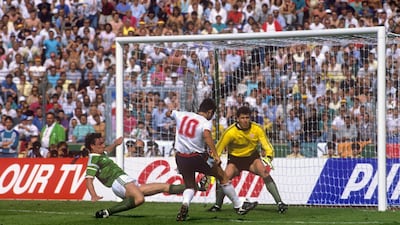 England's Gary Lineker looks certain to score but his shot is saved by Ireland goalkeeper Pat Bonner in the Euro 1988 group stage clash in Germany. PA