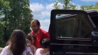 Sheikh Mohammed in embraced by relatives as he arrives in England. Courtesy: Faz3 / Sheikh Hamdan Instagram