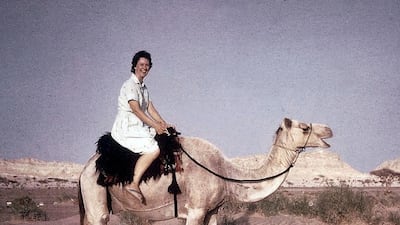 Gertrude Dyck, also known as Dr Latifa, is pictured here riding a camel. Courtesy Oasis Hospital