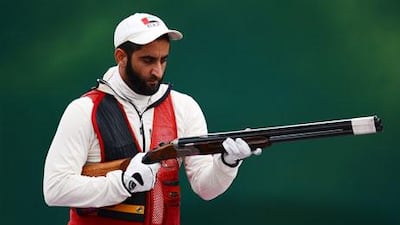 Sheikh Saeed bin Maktoum competes during the second skeet qualifying round at Royal Artillery Barracks