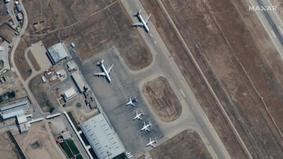 A satellite image shows grounded aircraft at the Mazar-i-Sharif airport in northern Afghanistan. Maxar Technologies via AFP