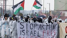 A protest takes place in Belgium against allowing arms to be sent to Israel. AFP