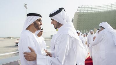Sheikh Mohamed bin Zayed, Crown Prince of Abu Dhabi, greets Sheikh Jasim bin Hamad, Personal Representative of the Emir of Qatar, upon his arrival at Doha last week. (Mohamed Al Hammadi / Crown Prince Court - Abu Dhabi) ---