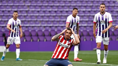 Atletico Madrid's Jose Gimenez reacts after missing a chance to score. Reuters