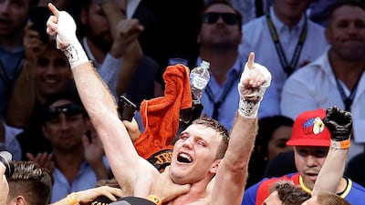 Jeff Horn, of Australia, celebrates after beating Manny Pacquiao, of the Philippines, during their WBO World Welterweight title fight in Brisbane, Australia.