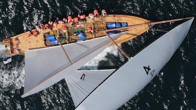 Participants in a traditional wooden boat, or dhow, compete during the Al Gaffal race, a long-distance dhow sailing race, in Dubai. Reuters