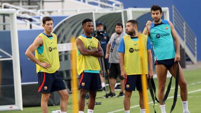Barcelona's Robert Lewandowski, left, Ansu Fati, Jordi Alba, and Gerard Pique, right, train in Dallas. EPA