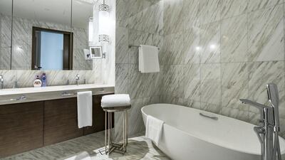 The bathroom is modern with a five-star hotel feel.