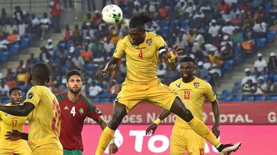 Togo's forward Emmanuel Adebayor heads the ball during the 2017 Africa Cup of Nations group C football match between Morocco and Togo in Oyem on January 20, 2017. Issouf Sanogo / EPA