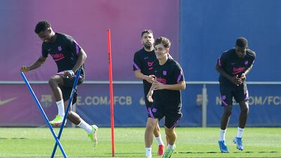 Barcelona's Ansu Fati jumps during training. AFP