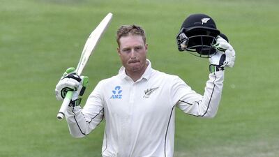 Martin Guptill of New Zealand celebrates his century during Day 1 of the first Test against Sri Lanka on Thursday at Dunedin. Marty Melville / AFP / December 10, 2015