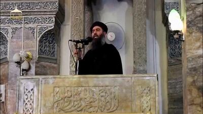 ISIL leader Abu Bakr Al Baghdadi purportedly pictured at the Grand Al Nuri mosque in Mosul, according to a video recording posted online on July 5, 2014. Social Media Website via Reuters TV / File Photo