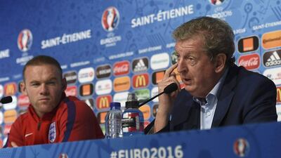 Wayne Rooney, left, and England manager Roy Hodgson at a news conference ahead of the Group B game against Slovakia in St Etienne. Courtesy of Uefa