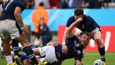 Greig Laidlaw of Scotland scores the third try for Scotland that took them well clear of Samoa in the Pool B match on October 10, 2015. Jan Kruger/Getty Images