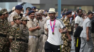 India star of the final - Hardik Pandya - in New Delhi on Thursday. The Indian team will meet Prime Minister Narendra Modi and then take part in a victory parade in Mumbai. AP