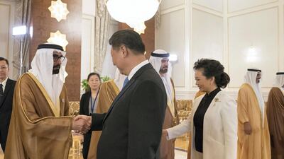 Mohamed Al Bowardi, UAE Minister of State for Defence Affairs, greets President Xi Jinping.