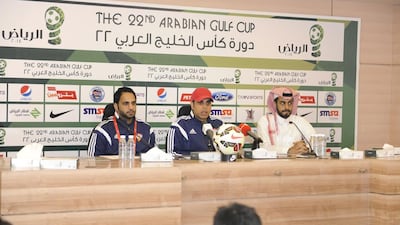 UAE national team manager Mahdi Ali, centre, talks to the media after the team's scoreless draw with Oman in their opening Gulf Cup of Nations match on November 14, 2014, at the Prince Faisal bin Fahd stadium in Riyadh. Wam