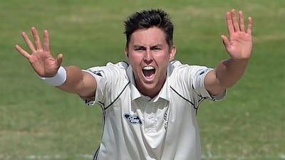 New Zealand bowler Trent Boult makes a successful appeal for a leg before wicket decision against Pakistani batsman Younis Khan for a duck (dismissal with zero runs) during the fourth day of the third and final Test match between New Zealand and Pakistan at the Sharjah cricket stadium in Sharjah on November 30, 2014. New Zealand were bowled out for 690 in their first innings. Resuming at 637-8, New Zealand increased their lead to 339 following Pakistan's 351 in their first innings. AFP PHOTO/ Aamir QURESHI