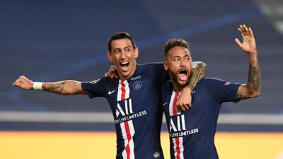 Angel Di Maria (L) celebrates with Neymar after scoring against Leipzig. Getty