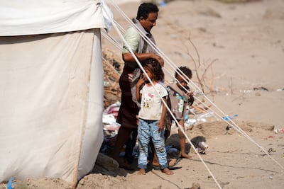 Displaced Yemenis at a makeshift camp in the southern port city of Aden. EPA