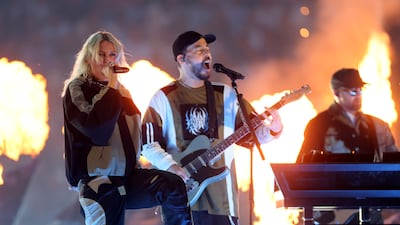 Emily Armstrong and Mike Shinoda of Linkin Park performing at the opening ceremony before the UEFA Champions League Final 2025. Getty Images