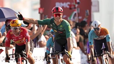 Lidl-Trek's Italian rider Jonathan Milan celebrates victory on the seventh stage. AFP
