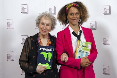 LONDON, ENGLAND - OCTOBER 14: (L-R) Joint winners Margaret Atwood and Bernardine Evaristo during 2019 Booker Prize Winner Announcement photocall at Guildhall on October 14, 2019 in London, England. (Photo by Jeff Spicer/Getty Images)