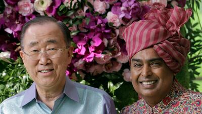 Reliance Industries Chairman Mukesh Ambani stands for a photograph with former U.N. Secretary-General Ban Ki-moon. Photo: AP