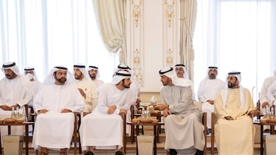 President Sheikh Mohamed with other notables at the Sea Palace barza. Hamad Al Kaabi / Ministry of Presidential Affairs