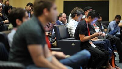 Judges at the 2016 NYUAD Hackathon wait for the start of the ceremony to announce the winners of the competition. (Delores Johnson / The National)