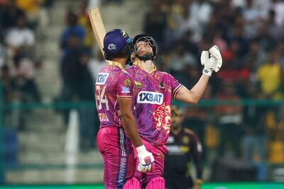 David Miller celebrates his half century as Bangla Tigers beat Northern Warriors in the Abu Dhabi T10 at the Zayed Cricket Stadium on Sunday, December 3, 2023. Photo: Abu Dhabi T10